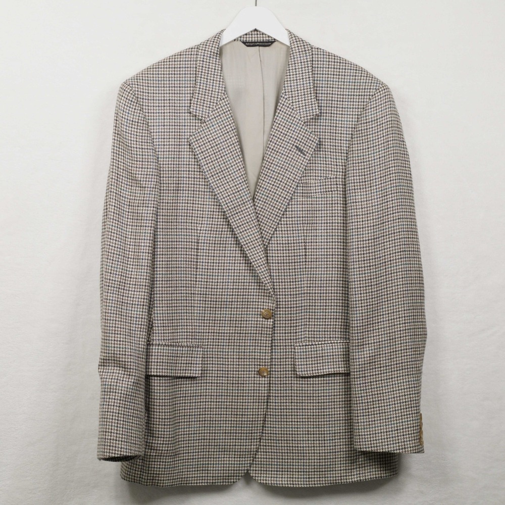 SAMUELSOHN Silk Linen Wool Houndstooth Sport Coat Blazer Brown Blue Mens Sz 43L